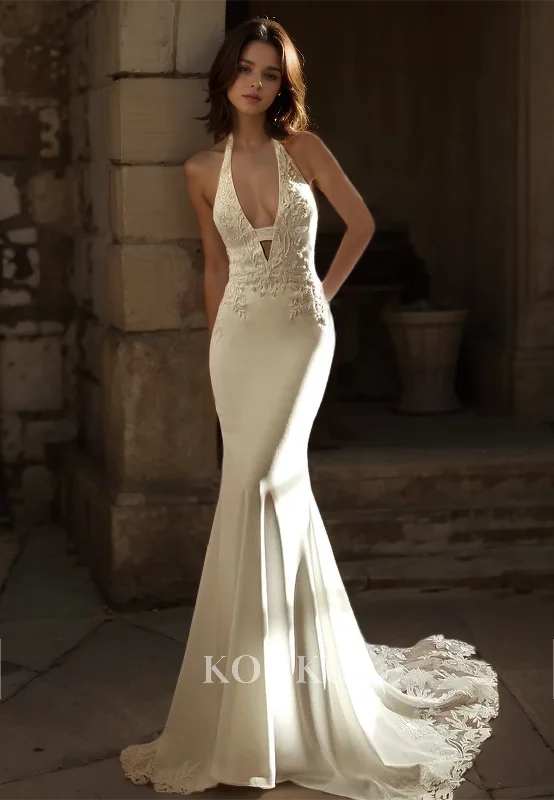 Halter Neck Mermaid Sleeveless Sweep Train Satin Wedding Dress with Appliques Bridal Gowns