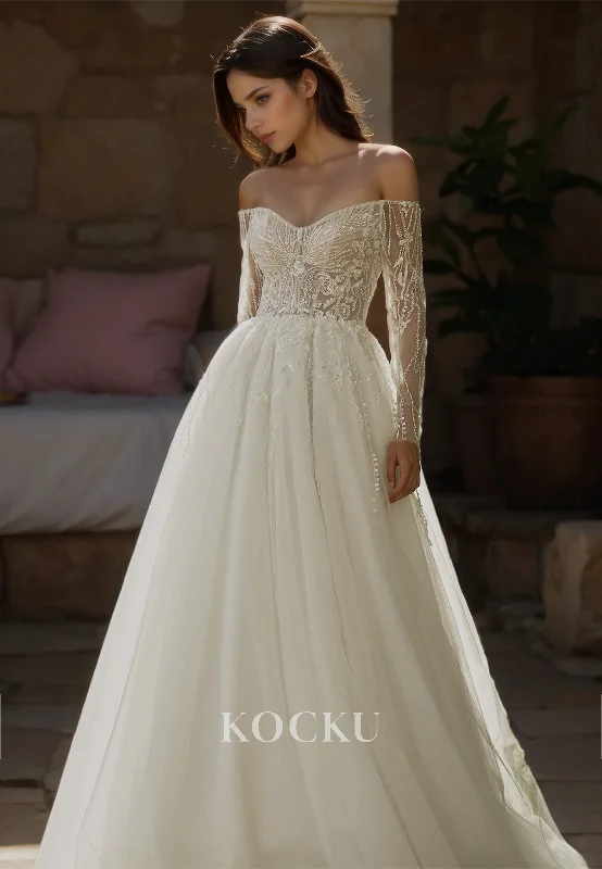 A-Line Sweetheart Long Sleeves Train Sheer Beads Lace Wedding Dress Bridal Gowns with Appliques