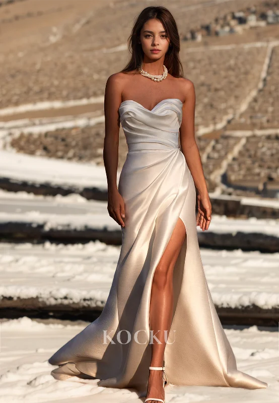 Sweetheart Sheath Sleeveless High Split Pleated Satin Bridal Dress Wedding Dress with Train