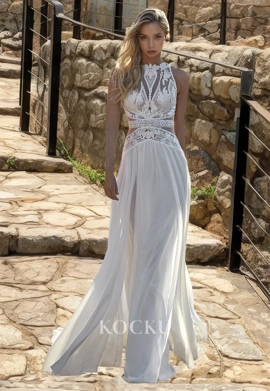 Scoop Neck A-Line Sleeveless Pleats Lace Beach Wedding Dress Boho Gowns with Appliques