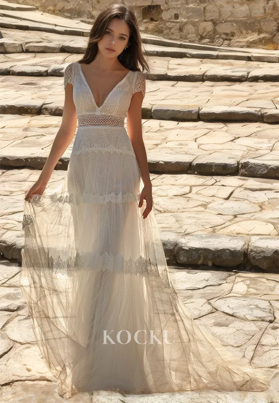 A-Line V-Neck Short Sleeves Appliques Lace Boho Wedding Dress Beach Gowns with Train