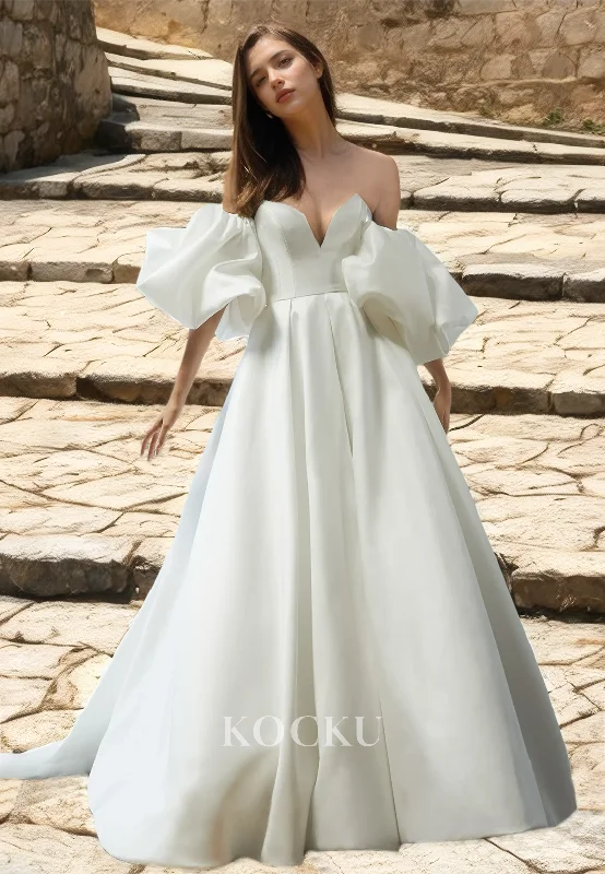 Sweetheart Puff Sleeves A-Line Backless Pleats Satin Wedding Dress with Sweep Train Bridal Dress