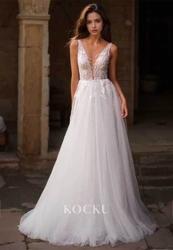 A-Line V-Neck Straps Sleeveless Floor-Length Appliques Lace Beach Wedding Dress with Beads Boho Gowns