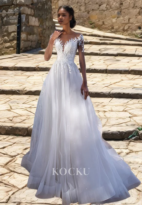 Long Sleeves A-Line Scoop Neck Train Beads Pleats Lace Wedding Dress with Appliques Bridal Gowns