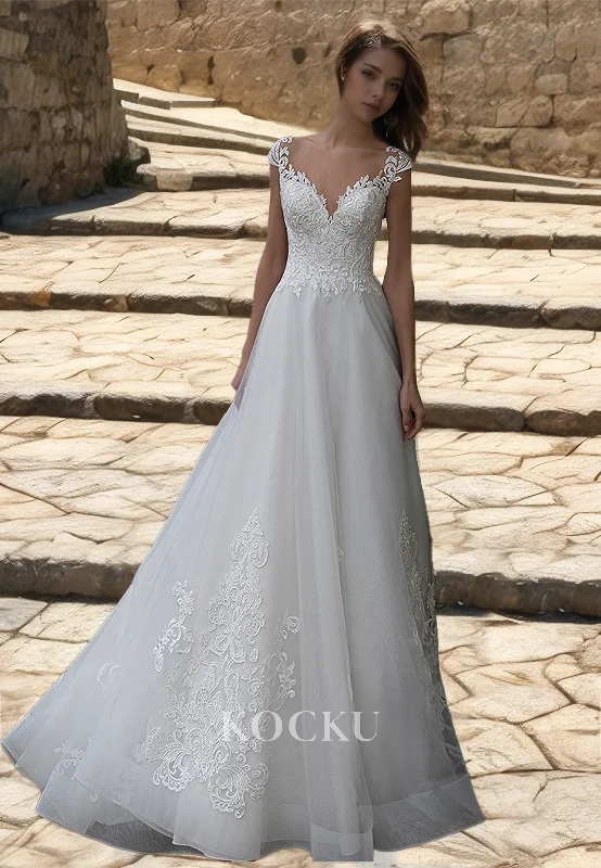 A-Line Cap Sleeves V-Neck Pleats Lace Sweep Train Appliques Wedding Dress Bridal Gowns