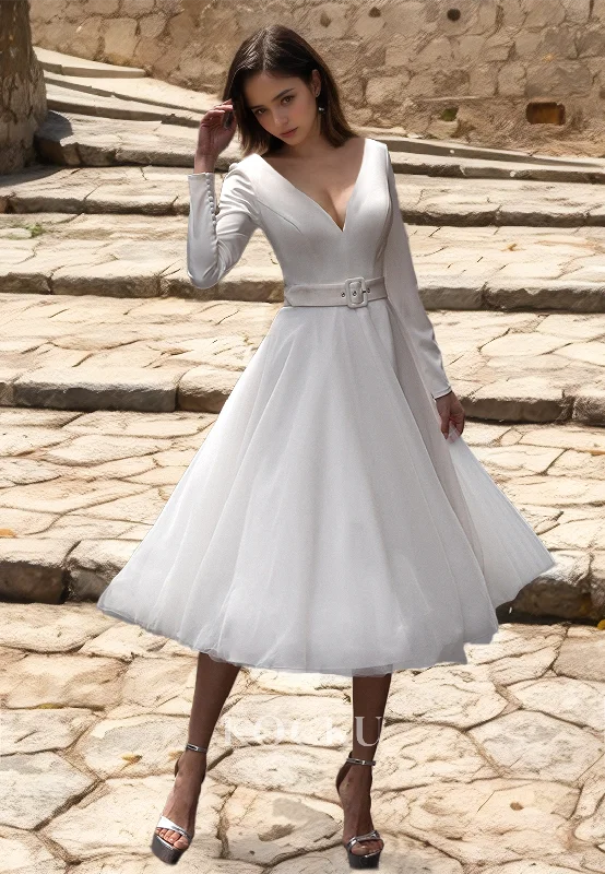 A-Line V-Neck Long Sleeves Tea-Length Pleats Beach Wedding Dress with Belt Boho Gowns