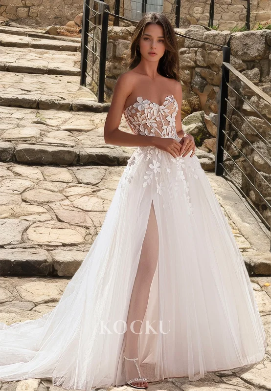 Sweetheart A-Line Sleeveless High Slit Train Pleats Lace Wedding Dress with Appliques Boho Gowns