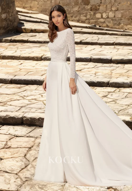 Scoop Neck A-Line Long Sleeves Sweep Train Pleated Satin Bridal Dress with Appliques Wedding Dress