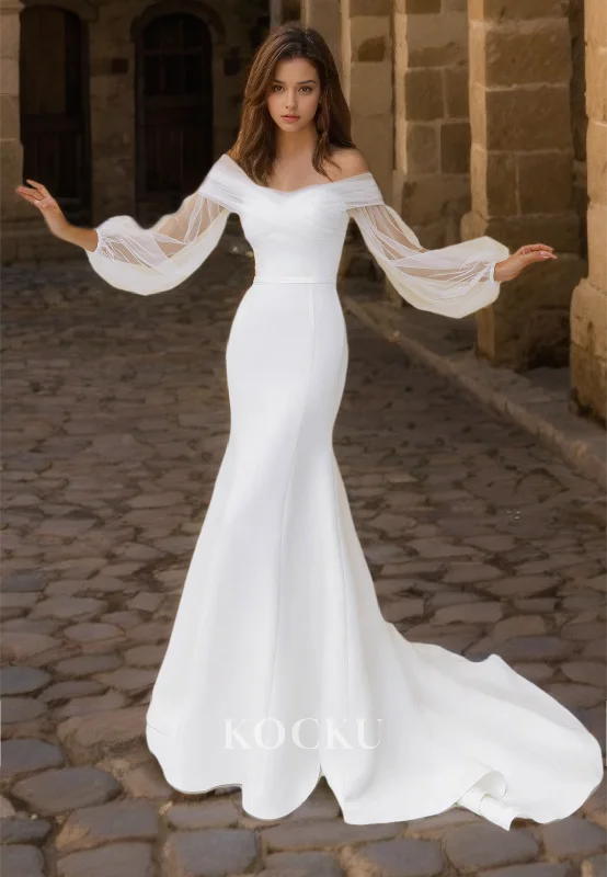 Tube Top Mermaid Wedding Dress Long Sleeves Pleated Satin Bridal Gowns with Sweep train