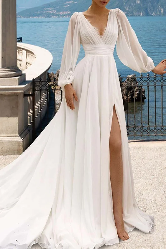 K1338 - V-Neck Long Sleeves Sheer Ruched Tulle A-Line Long Wedding Dress