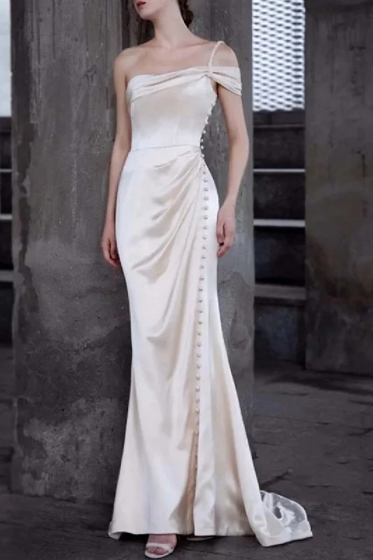 K1339 - One Shoulder Sleeveless Ruched Satin Sheath Long Wedding Dress