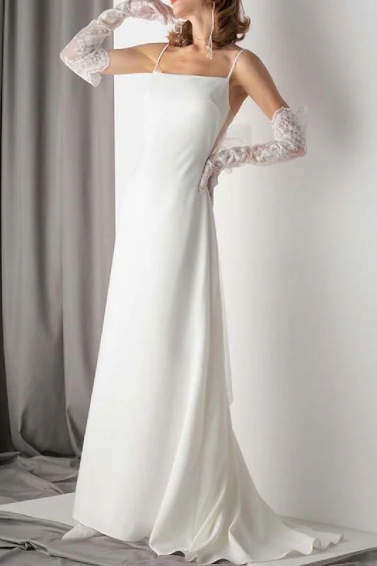 K1342 - Simple Square Neck Spaghetti Straps Satin Sheath Long Wedding Dress