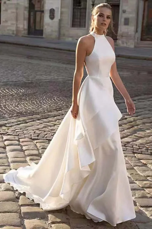 K1344 - Halter High Neck Sleeveless Ruffles Satin A-Line Long Wedding Dress