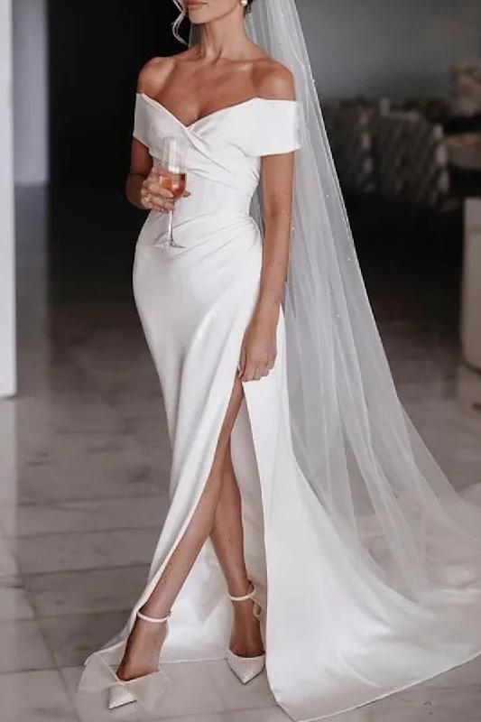 K1347 - Simple Off-Shoulder Ruched Satin Sheath Long Wedding Dress With Slit