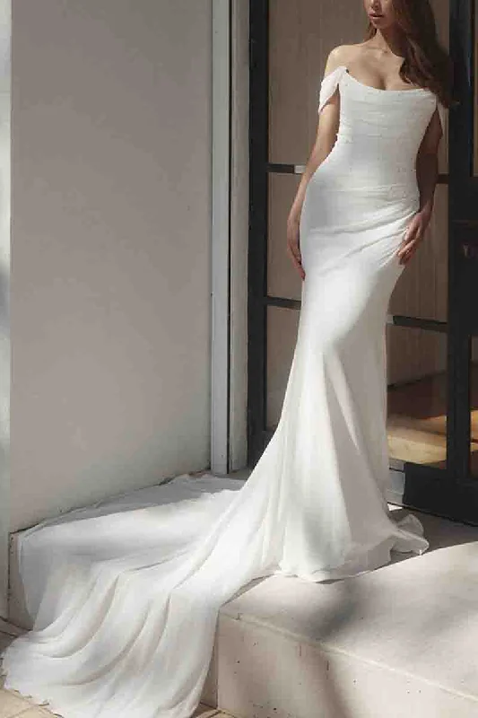 K1384 - Off-Shoulder Pearl Beaded Ruched Satin Sheath Long Wedding Dress