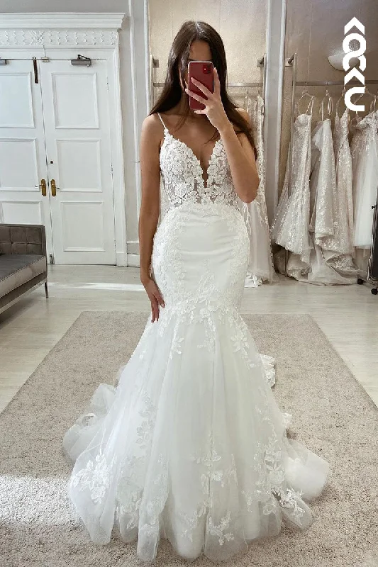 K1978 - Couture & Ornate  Spagehtti Straps V-neck Applique Mermaid Wedding Dress