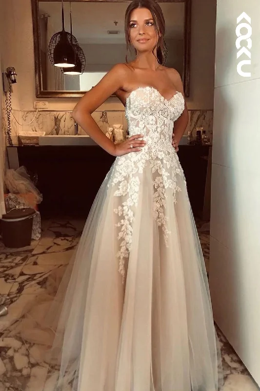 K926 - A-Line Sweetheart Tulle Appliques Sleeveless Bohmian Beach Wedding Dress