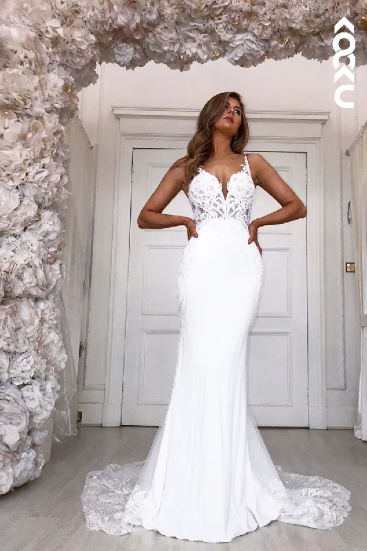 K936 - Trumpet/Mermaid V-Neck Satin Appliques Sleeveless Mermaid Wedding Dress