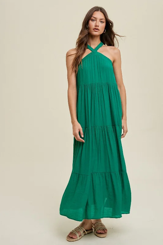 Emerald Halter Tiered Maxi Dress