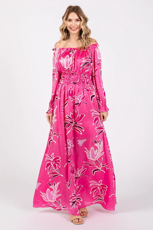 Fuchsia Floral Ruffle Neck Maxi Dress