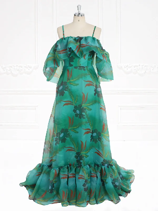 Green Floral-print Off-shoulder Maxi Dress Spaghetti Straps Prom Party Dresses YW231124