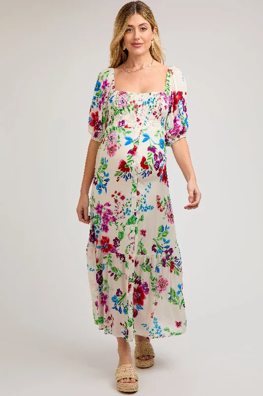 Ivory Floral Front Button Accent Maternity Maxi Dress