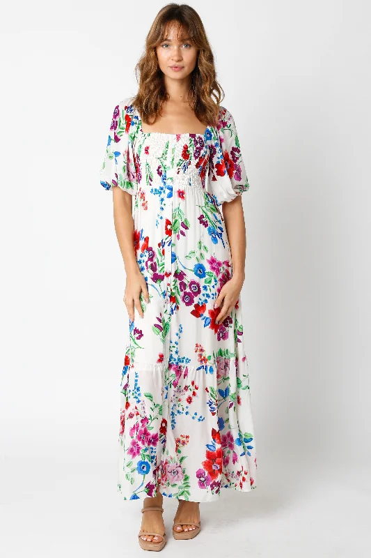 Ivory Floral Front Button Accent Maxi Dress