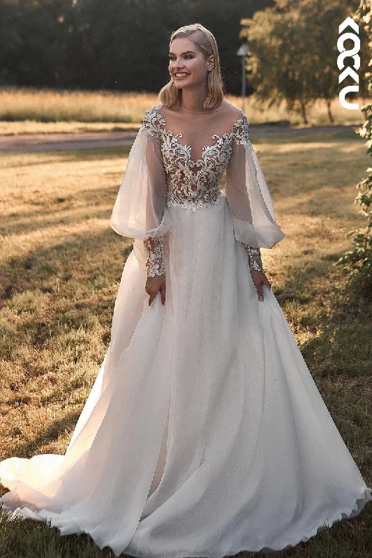 K1950 - Gorgeous & Charming V-Neck Long Lace Sleeves A-line Wedding Dress With Applique