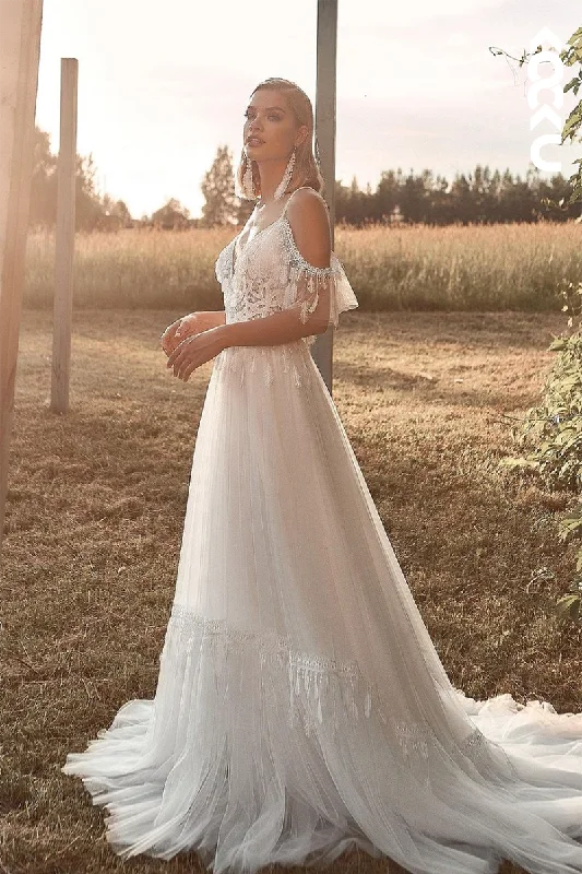 K1951 - Glamorous & Dramatic V-Neck Cap Sleeves Straps A-line Backless Wedding Dress With Applique