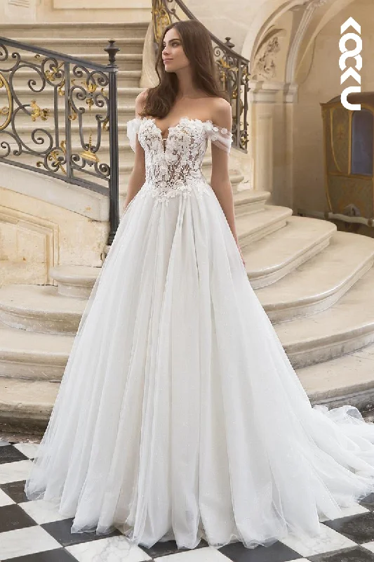 K1957 - Elegant Off-Shoulder Cap Sleeves A-line Applique Tulle Wedding Dress