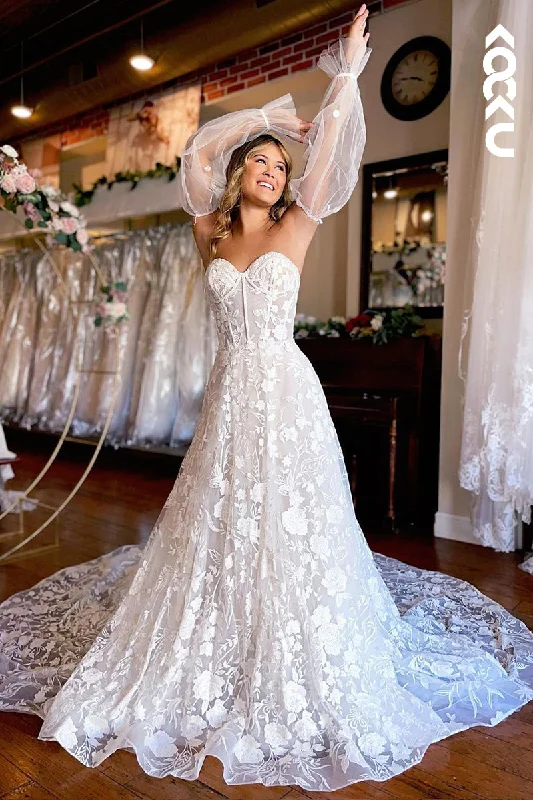 K1958 - Gorgeous & Charming Sweetheart A-line Fully Applique Puff Sleeves Wedding Dress