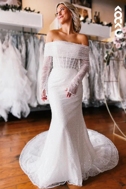 K1961 - Gorgeous & Charming Off-Shoulder Long Sleeves Mermaid Tulle Wedding Dress