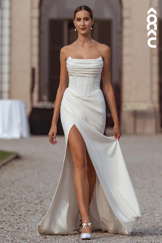 K1983 - Classic & Timeless Off-Shoulder Sleeveless Sheath Side Slit Ruched Wedding Dress