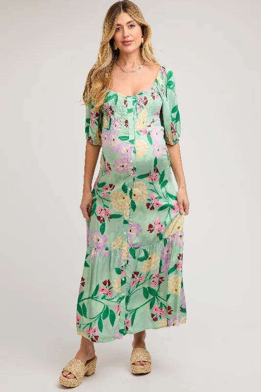 Light Green Floral Front Button Maternity Maxi Dress