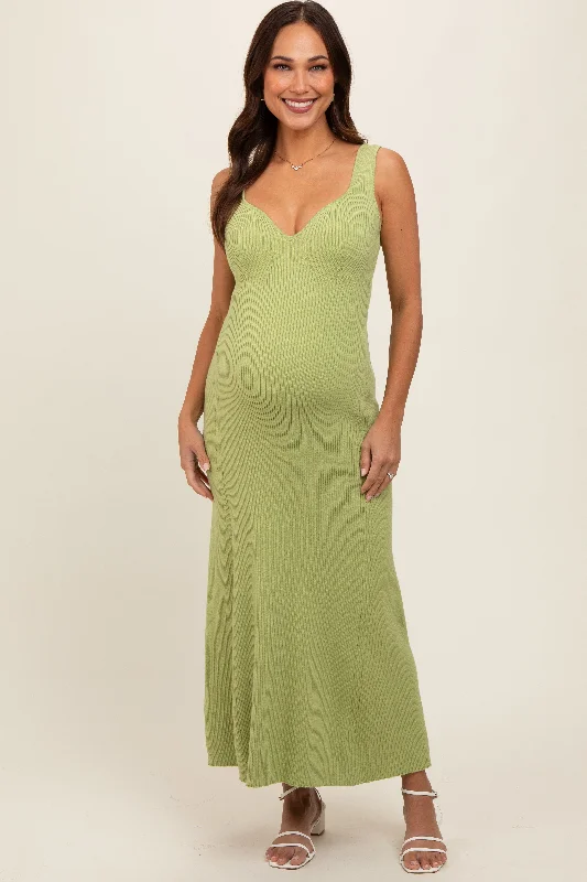 Light Olive Knit Deep V-Neck Maternity Maxi Dress