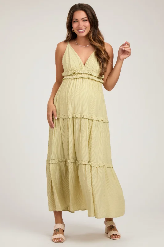 Light Olive Striped Ruffle Tiered Maternity Maxi Dress