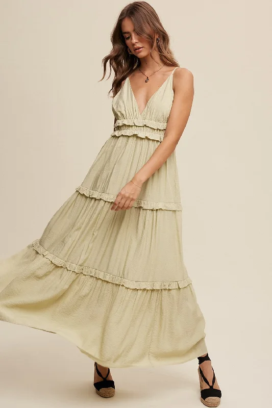 Light Olive Striped Ruffle Tiered Maxi Dress