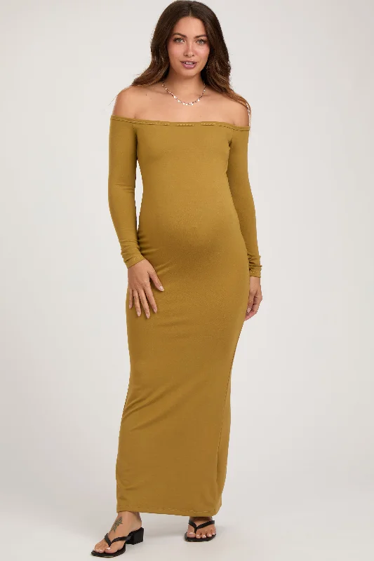 Lime Off Shoulder Long Sleeve Maternity Maxi Dress