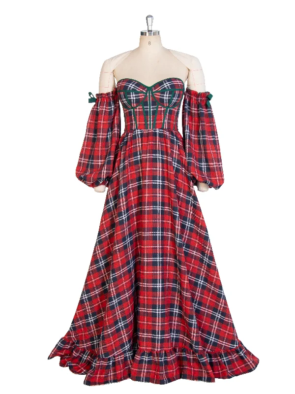 Long Sleeves Vintage Christmas Plaid Maxi Dress A-Line Party Tartan Dresses YW243118