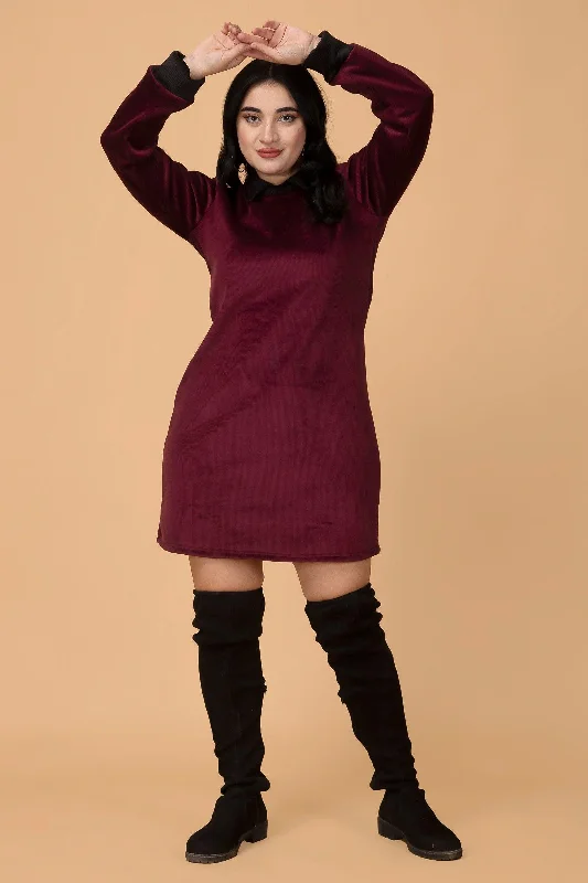 Maroon Solid Ribbed Knit Dress