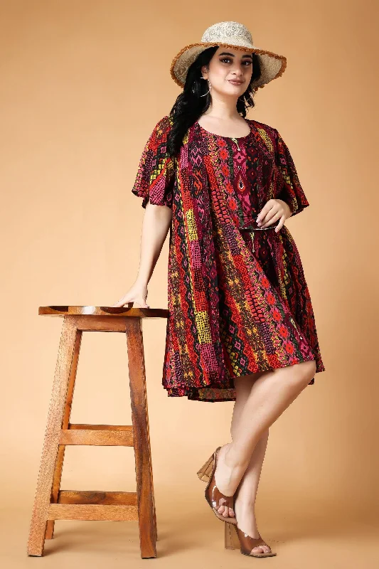 Multicolored Abstract Printed Dress with Shrug