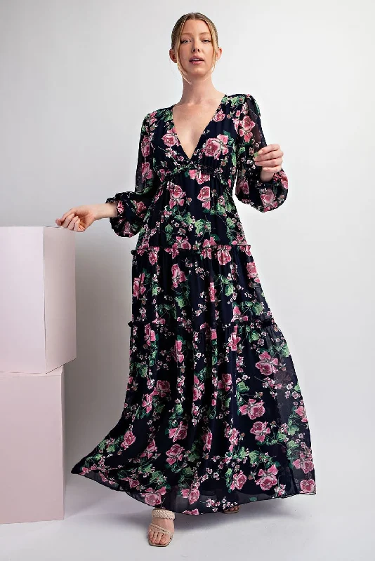 Navy Blue Floral Chiffon Ruffle Tiered Maxi Dress