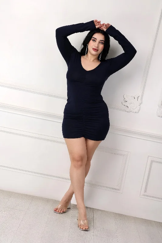 Navy Blue Solid Bodycon Dress with Long Sleeves