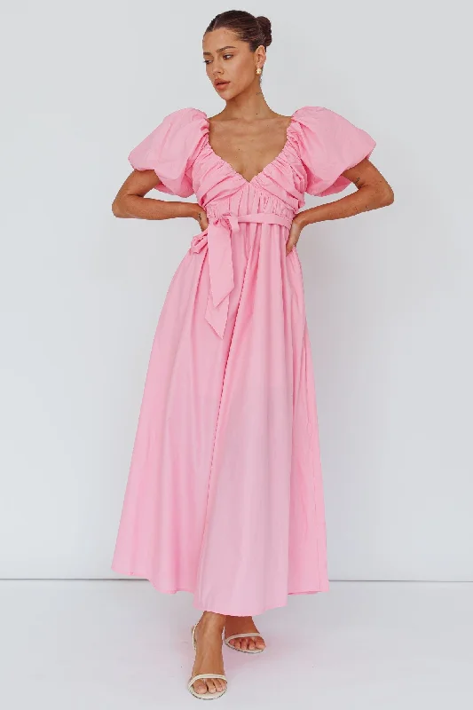 Pink Balloon Sleeve V Neckline Maxi Dress