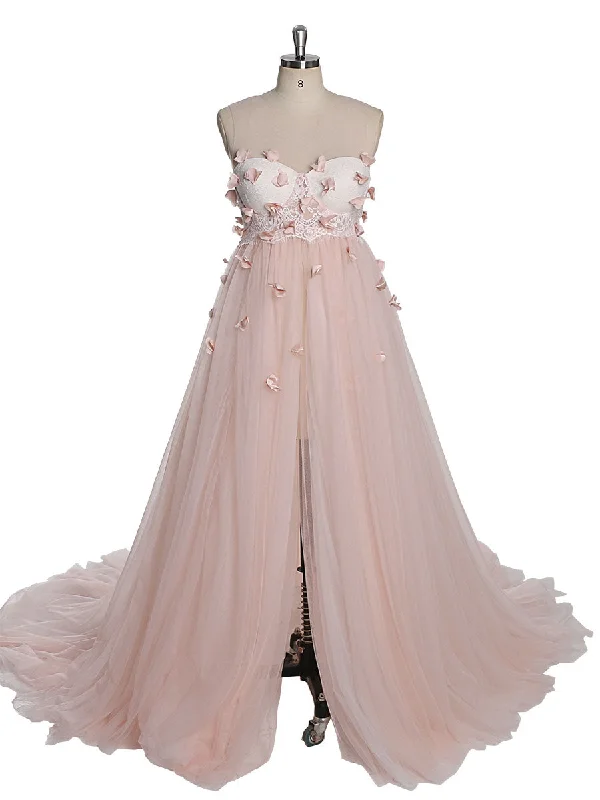 Pink Flower Soft Tulle Dress for Photo Shoots Crew Neck Backless Tulle Maxi Dress YW230330