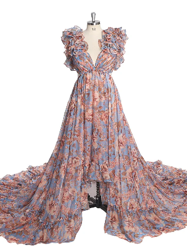 Print Floral Chiffon Woman Dress Photo Shoot Dress Maxi Dress with Long Train YW231023