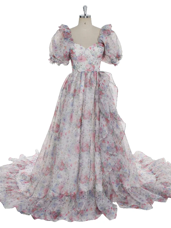 Print Floral Prom Dress Long Train Fancy Photo Shoots Gown Silk Soft Organza Maxi Dress YW231108