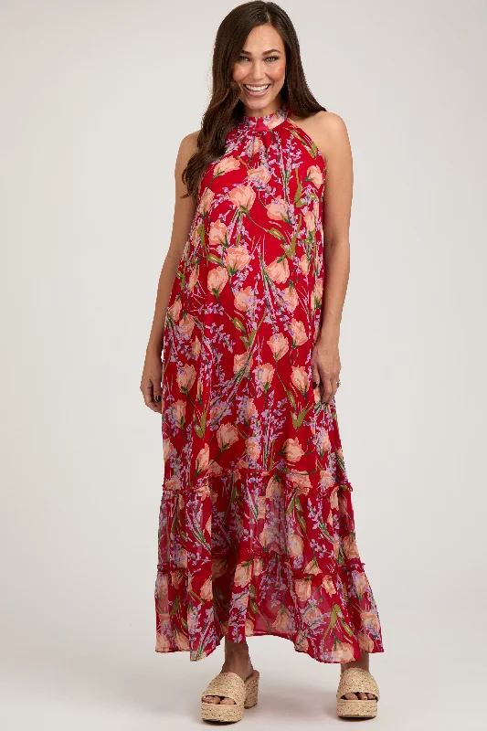 Red Floral Halter Maternity Maxi Dress