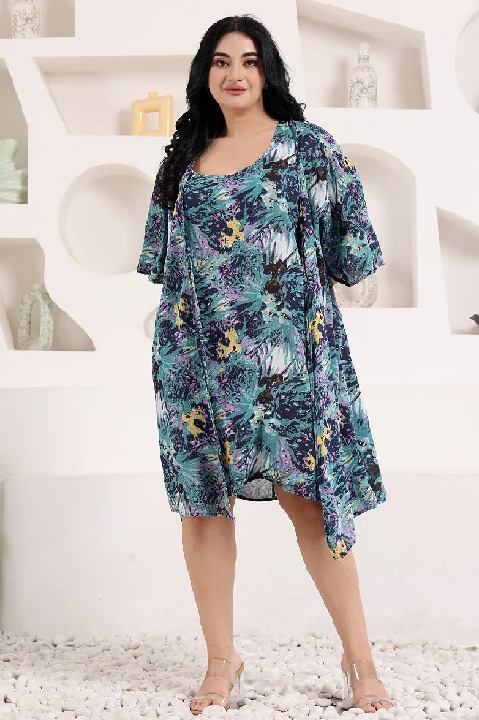 Sea Blue Jungle Printed Dress with Shrug