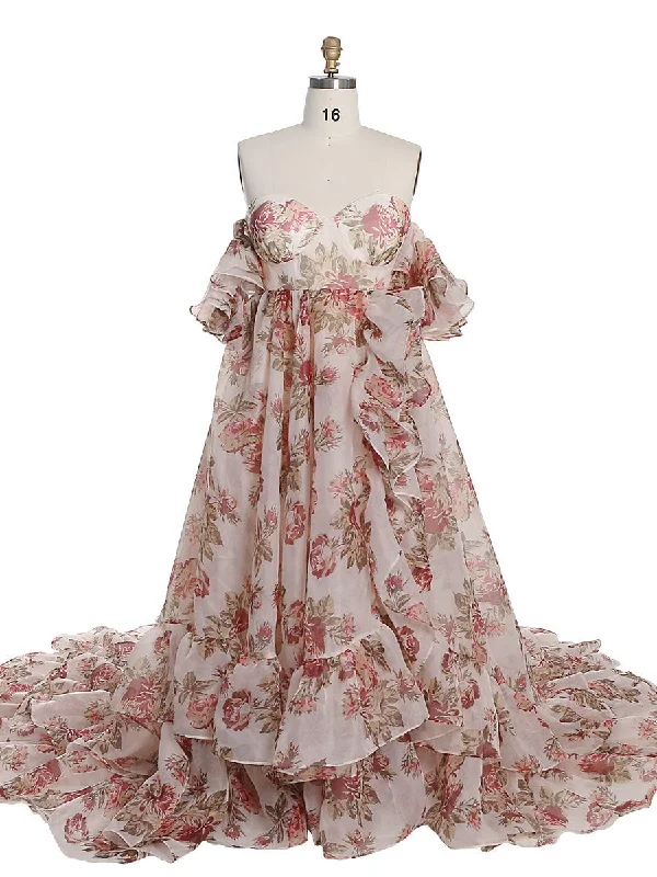 New Print Floral Silk Soft Organza Off Shoulder Wedding Party Dress Photo Shoot Dress Maxi Dress with Long Train YW230323